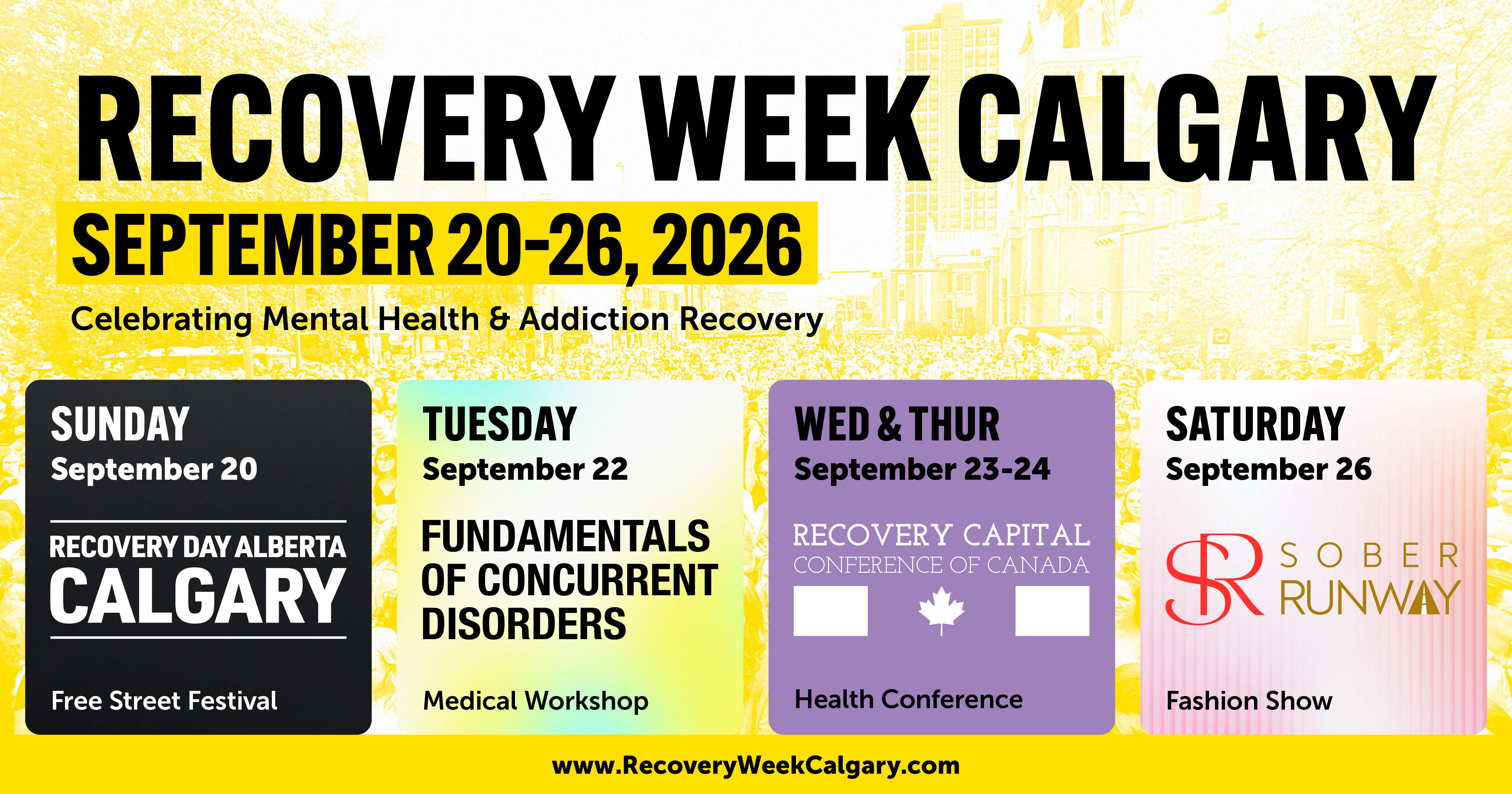 Recovery Week Calgary poster showing the September 20–26, 2026 event lineup